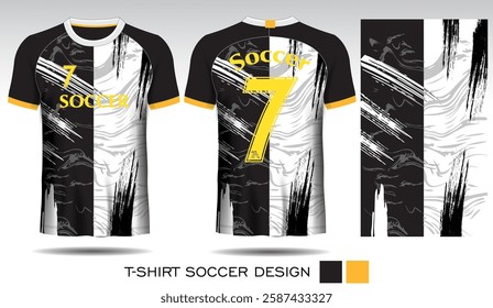 Sports T-shirt design with black horizontal stripes on white background and yellow lettering for soccer jersey. Front and back view of sports uniform. Sports club jersey mockup, Vector illustration.