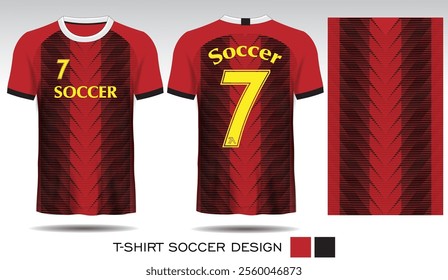 Sports T-shirt design with black plaid pattern on red background and black lettering for soccer jersey. Front and back view of sports uniform. Sports club shirt mockup, Vector illustration.