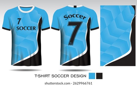 Sports T-shirt design with black and white triangle pattern on light blue background and black lettering for soccer jersey. Front and back view of sports uniform. Sports club jersey mockup, Vector ill