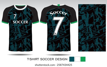 Sports T-shirt design with blue checkered pattern on black background and white lettering for soccer jersey. Front and back view of sports uniform. Sports club jersey mockup, Vector illustration.