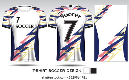 Sports T-shirt design with blue lightning bolt pattern on white background and black lettering for soccer jersey. Front and back view of sports uniform. Sports club jersey mockup, Vector illustration.