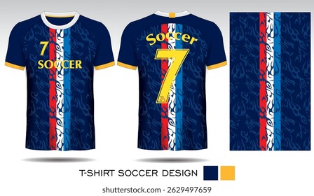 Sports T-shirt design with blue pattern on dark blue background and yellow lettering for soccer jersey. Front and back view of sports uniform. Sports club jersey mockup, Vector illustration.