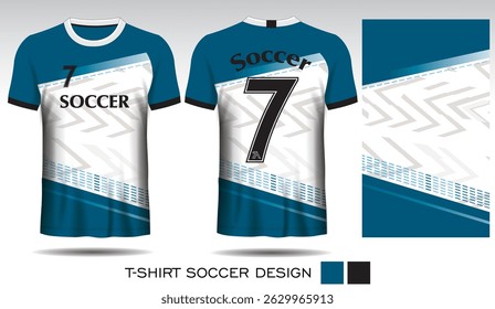 Design de camiseta esportiva com padrão de triângulo azul no fundo branco e letras pretas para a camisa de futebol. Vista frontal e traseira do uniforme esportivo. Equipe de camisa do clube de esportes, ilustração Vetor.