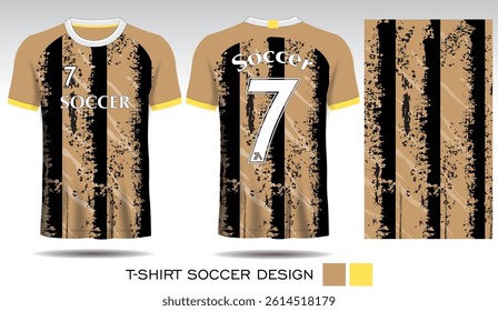 Sports T-shirt design with brown background black stripes and white lettering for soccer jersey. Front and back view of sports uniform. Sports club shirt mockup, Vector illustration.