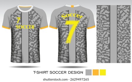 Sports T-shirt design with brown pattern on grey background and yellow lettering for soccer jersey. Front and back view of sports uniform. Sports club jersey mockup, Vector illustration.