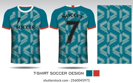 Sports T-shirt design with cream stripes on duck background and black lettering for football jersey. Front and back view of sports uniform. Sports club shirt mockup, Vector illustration.