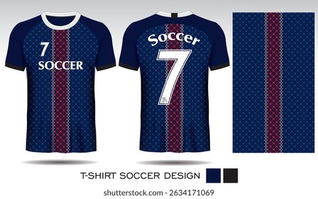 Sports T-shirt design with dark blue background, red plaid pattern and white lettering for soccer jersey. Front and back view of sports uniform. Sports club jersey mockup, Vector illustration.