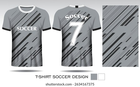Design de camiseta esportiva com fundo cinza, listras pretas e letras brancas para camisa de futebol. Vista frontal e traseira do uniforme esportivo. Equipe de camisa do clube de esportes, ilustração Vetor.