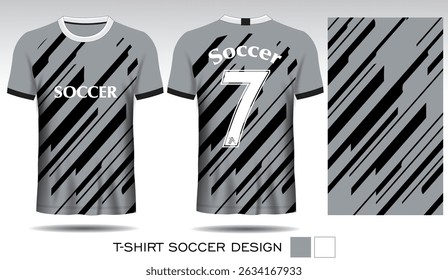 Sports T-shirt design with grey background, black vertical stripes and white lettering for football jersey. Front and back view of sports uniform. Sports club jersey mockup, Vector illustration.