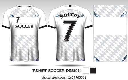 Design de camiseta esportiva com padrão xadrez cinza no fundo branco e letras pretas para a camisa de futebol. Vista frontal e traseira do uniforme esportivo. Equipe de camisa do clube de esportes, ilustração Vetor.