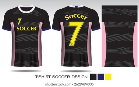Sports T-shirt design with grey horizontal stripes on black background and yellow lettering for football jersey. Front and back view of sports uniform. Sports club jersey mockup, Vector illustration.