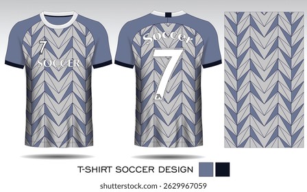 Design de camiseta esportiva com padrão de triângulo cinza e branco no fundo cinza e letras pretas para a camisa de futebol. Vista frontal e traseira do uniforme esportivo. Modelo de camisa de clube de esportes, Vetor illustra