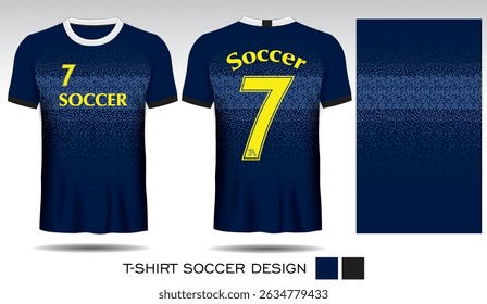 Sports T-shirt design with horizontal polka dots on dark blue background and gold lettering for soccer jersey. Front and back view of sports uniform. Sports club jersey mockup, Vector illustration.