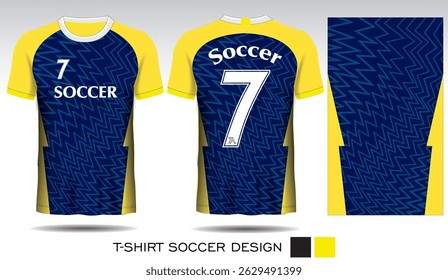 Sports T-shirt design with light blue stripes on blue background and white lettering, yellow side stripes for soccer jersey. Front and back view of sports uniform. Sports club jersey mockup, Vector.