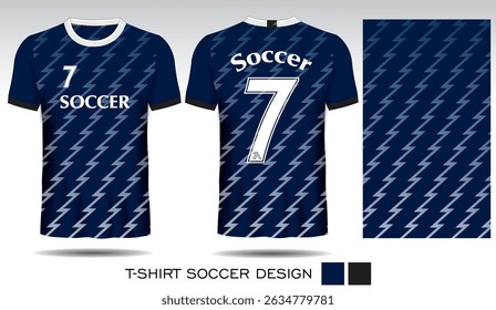 Sports t-shirt design with lightning on dark blue background and white lettering for soccer jersey. Front and back view of sports uniform. Sports club jersey mockup, Vector illustration.