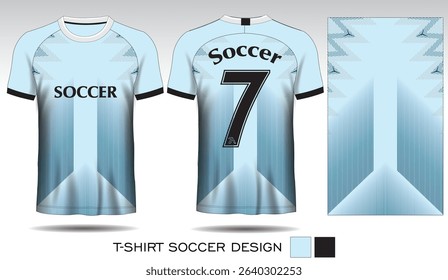 Sports T-shirt design with plaid pattern, blue lightning bolt and black and white lettering for soccer jersey. Front and back view of sports uniform. Sports club jersey mockup, Vector illustration.