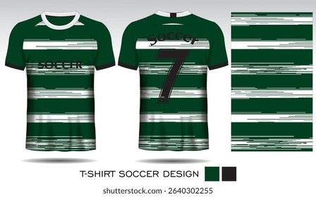 Sports T-shirt design with plaid pattern, blue lightning bolt and black and white lettering for soccer jersey. Front and back view of sports uniform. Sports club jersey mockup, Vector illustration.