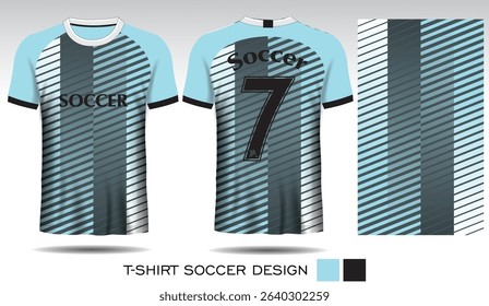 Sports T-shirt design with plaid pattern, blue lightning bolt and black and white lettering for soccer jersey. Front and back view of sports uniform. Sports club jersey mockup, Vector illustration.