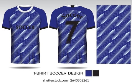 Sports T-shirt design with plaid pattern, blue lightning bolt and black and white lettering for soccer jersey. Front and back view of sports uniform. Sports club jersey mockup, Vector illustration.