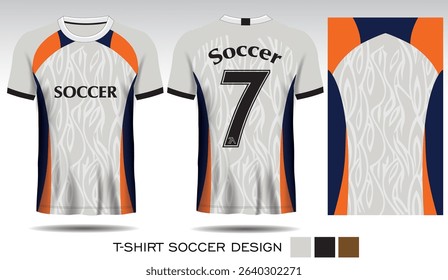 Sports T-shirt design with plaid pattern, blue lightning bolt and black and white lettering for soccer jersey. Front and back view of sports uniform. Sports club jersey mockup, Vector illustration.