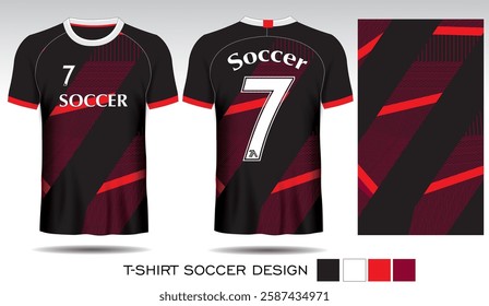 Sports T-shirt design with red plaid pattern on black background and white lettering for soccer jersey. Front and back view of sports uniform. Sports club jersey mockup, Vector illustration.