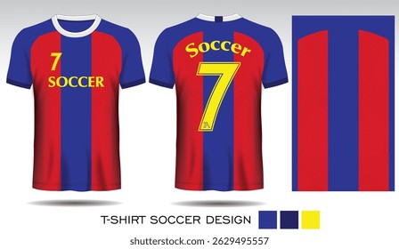 Sports T-shirt design with red stripes on a navy background and yellow lettering for a football jersey. Front and back view of a sports uniform. Sports club jersey mockup, Vector illustration.