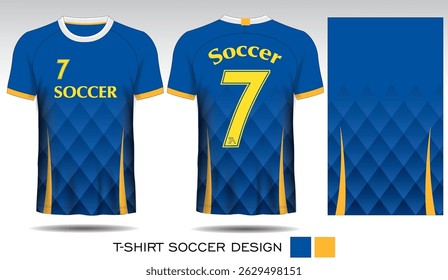 Sports T-shirt design with triangle pattern on blue background and yellow lettering for soccer jersey. Front and back view of sports uniform. Sports club jersey mockup, Vector illustration.