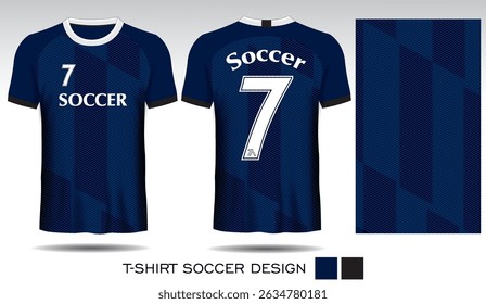 Sports T-shirt design with vertical squares on dark blue background and white lettering for soccer jersey. Front and back view of sports uniform. Sports club jersey mockup, Vector illustration.