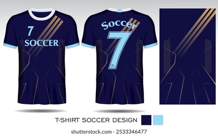 Sports T-shirt design with vertical stripes on dark blue background and blue letters for soccer jersey. Sports uniform front and back view. Sports club shirt template, Vector illustration.