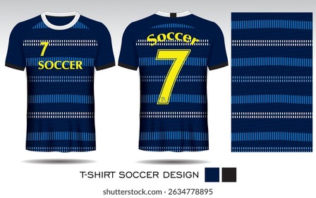 Sports T-shirt design with white horizontal stripes on dark blue background and gold lettering for soccer jersey. Front and back view of sports uniform. Sports club jersey mockup, Vector illustration.