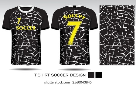 Sports T-shirt design with white pattern on black background and yellow lettering for soccer jersey. Front and back view of sports uniform. Sports club shirt mockup, Vector illustration.