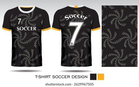 Sports T-shirt design with white propeller pattern on black background and white lettering for soccer jersey. Front and back view of sports uniform. Sports club jersey mockup, Vector illustration.