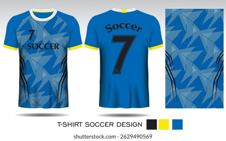 Design de camiseta esportiva com listras brancas no fundo azul e letras pretas para a camisa de futebol. Vista frontal e traseira do uniforme esportivo. Equipe de camisa do clube de esportes, ilustração Vetor.