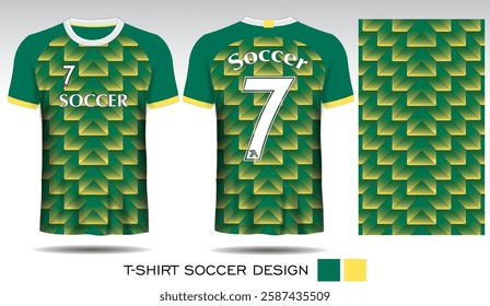 Sports T-shirt design with yellow plaid pattern on lime green background and white lettering for soccer jersey. Front and back view of sports uniform. Sports club jersey mockup, Vector illustration.
