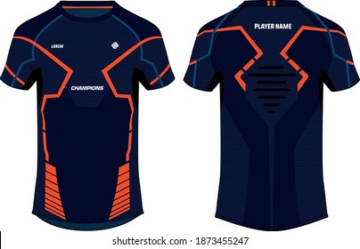 Sports t-shirt jersey design concept vector template, sports jersey concept with front and back view for Soccer, Cricket, Football, Volleyball, Rugby, tennis, badminton and e-sports uniform.