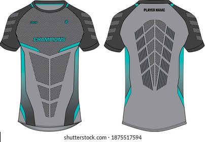 Sports t-shirt jersey design concept vector template, sports jersey concept with front and back view for Soccer, Cricket, Football, Volleyball, Rugby, tennis, badminton and e-sports uniform.