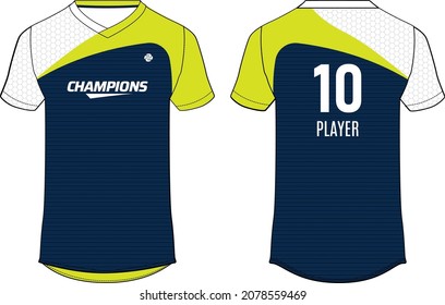 Sports t-shirt jersey design concept vector template, Abstract pattern v neck Football jersey concept with front and back view for Soccer, Cricket, Volleyball, Rugby, tennis, badminton uniform kit