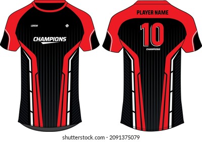 Sports t-shirt jersey design concept vector template, Abstract pattern v neck Football jersey concept with front and back view for Soccer, Cricket, Volleyball, Rugby, e-sport, gaming uniform kit