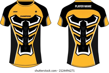 Camiseta deportiva diseño diseño de dibujo plano, Abstract patrón v cuello concepto de camiseta motocross con vista frontal y trasera para fútbol, críquet, voleibol, rugby, e-sport, juego uniforme