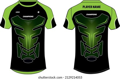 Sports t-shirt jersey design flat sketch illustration, Abstract pattern v neck motocross jersey concept with front and back view for Soccer, Cricket, Volleyball, Rugby, e-sport, gaming uniform kit