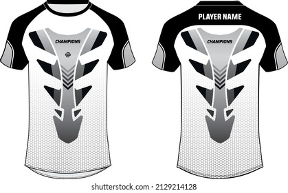 Sports t-shirt jersey design flat sketch illustration, Abstract pattern v neck motocross jersey concept with front and back view for Soccer, Cricket, Volleyball, Rugby, e-sport, gaming uniform kit