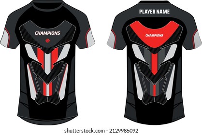 Sports t-shirt jersey design flat sketch illustration, Abstract pattern v neck biker motocross jersey concept with front and back view for Soccer, Cricket, Rugby, e-sport, gaming uniform kit