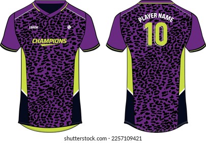 Sports t-shirt jersey design flat sketch vector illustration, Leopard skin pattern Football jersey with front and back view for Soccer, Cricket, Volleyball, Rugby, tennis, badminton uniform kit