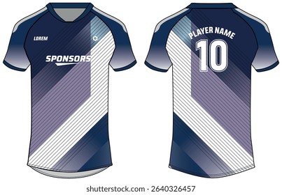 Sports t-shirt jersey design flat sketch illustration, gradient stripe v neck Football jersey concept with front and back view for Soccer, Cricket, Volleyball, Rugby, tennis, badminton uniform kit