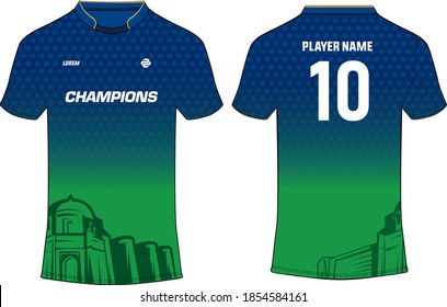 Mapa vectorial de diseño de camisetas deportivas, camiseta deportiva con vista frontal y trasera para fútbol, críquet, fútbol. PSL - Concepto de Jersey de la Superliga de Pakistán. Concepto de diseño de la camiseta de Multan Sultans