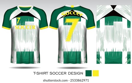 Sports t-shirt textile design, soccer jersey template for soccer club with white and green stripes. Uniform front and back view, vector file.