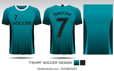 Sports t-shirt textile design, soccer jersey template for soccer club blue plaid background. Uniform front view, back view, vector file.