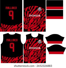 Sports uniform design inspired by Mallorca, Spain, featuring an abstract red and black geometric pattern. Includes version with athletic patternmaking for men, size M. Ideal for sublimation printing, 