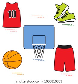 Sports uniform and equipment for basketball. Basketball basket, shirt, sneakers, shorts, ball.