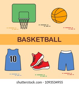 Sports uniform and equipment for basketball. Basketball basket, shirt, sneakers, shorts, ball.